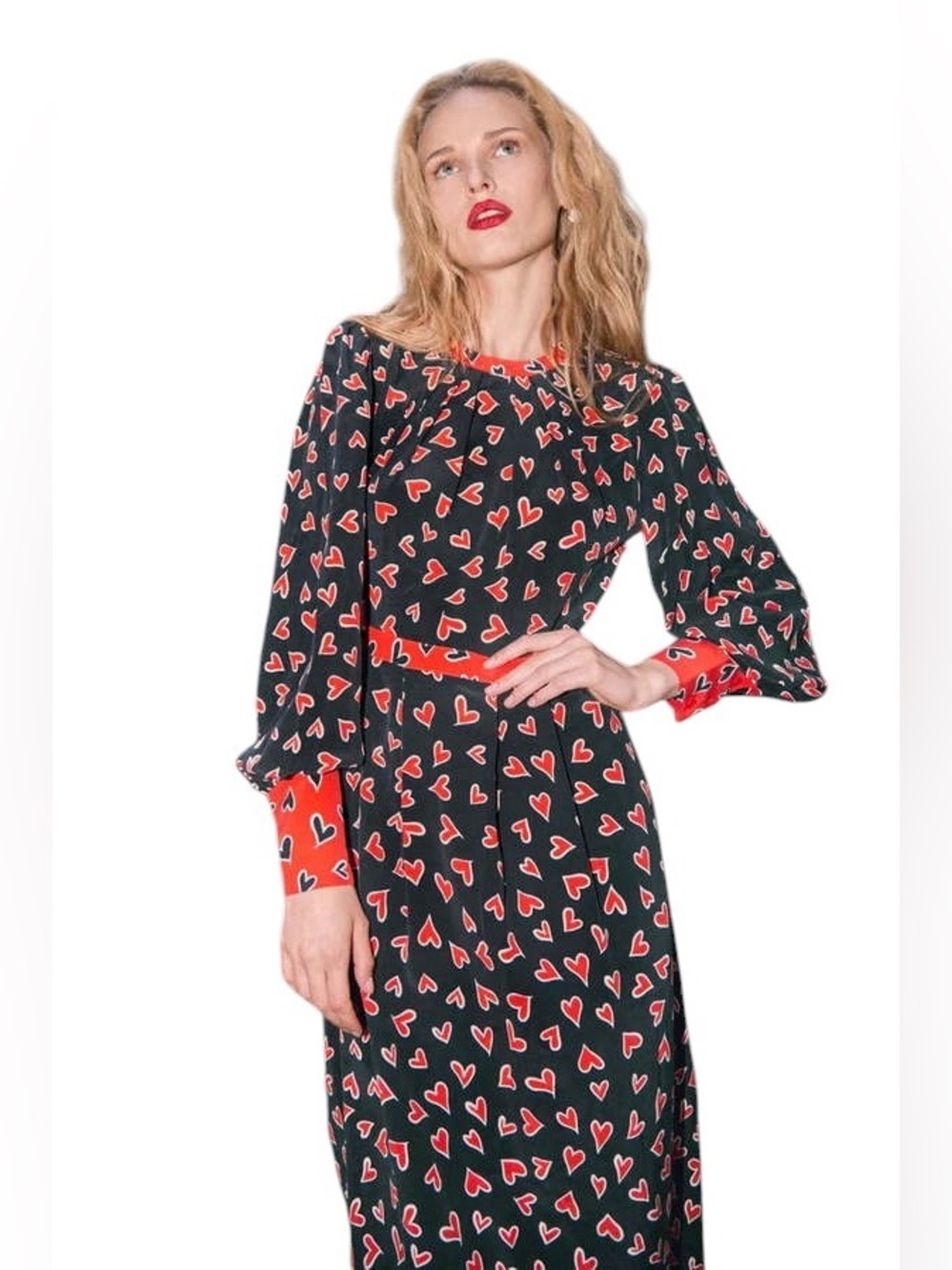 Hunter Bell Black and Red Long Sleeve Casper Midi Dress in Onxy Heart Womens 4